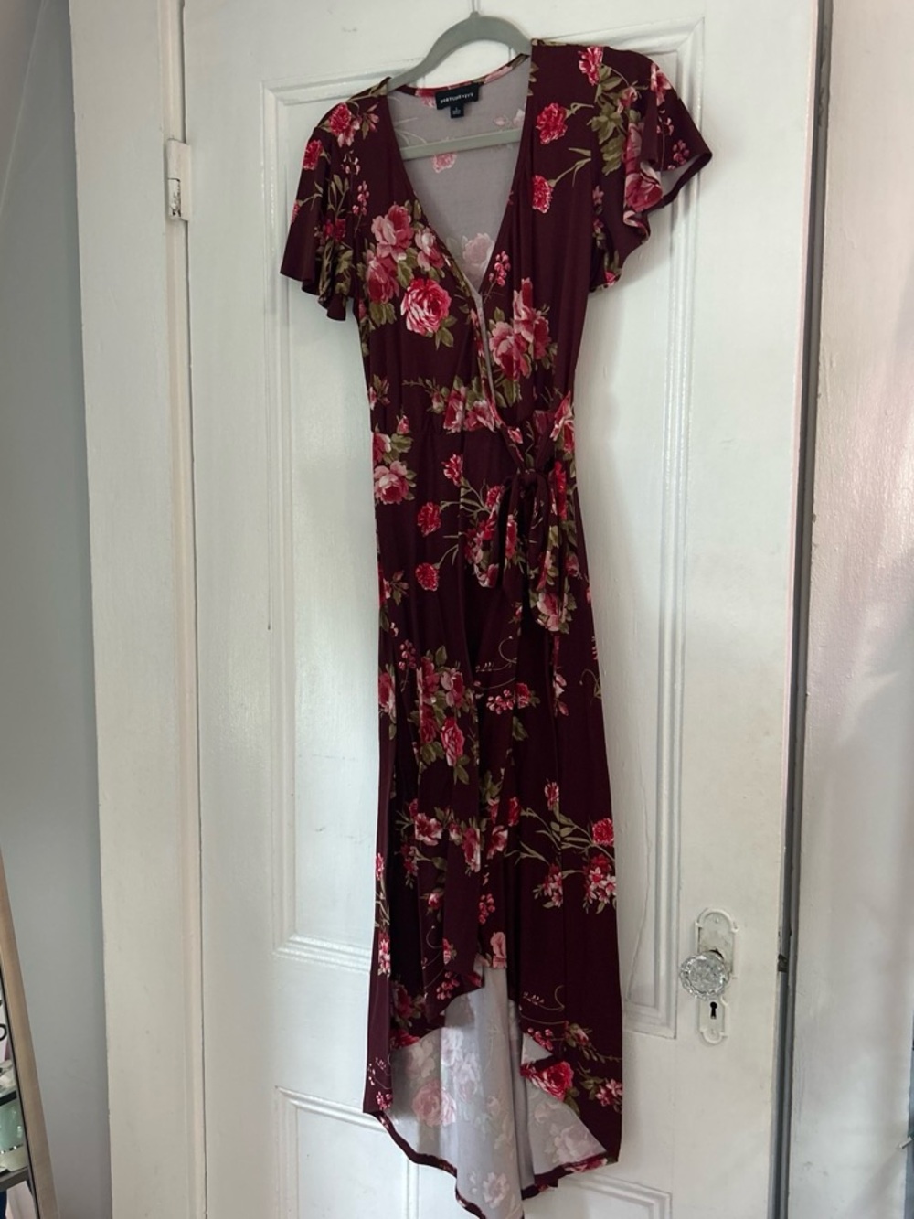 Women's Burgundy Floral High-Low Wrap Dress with Tie Waist